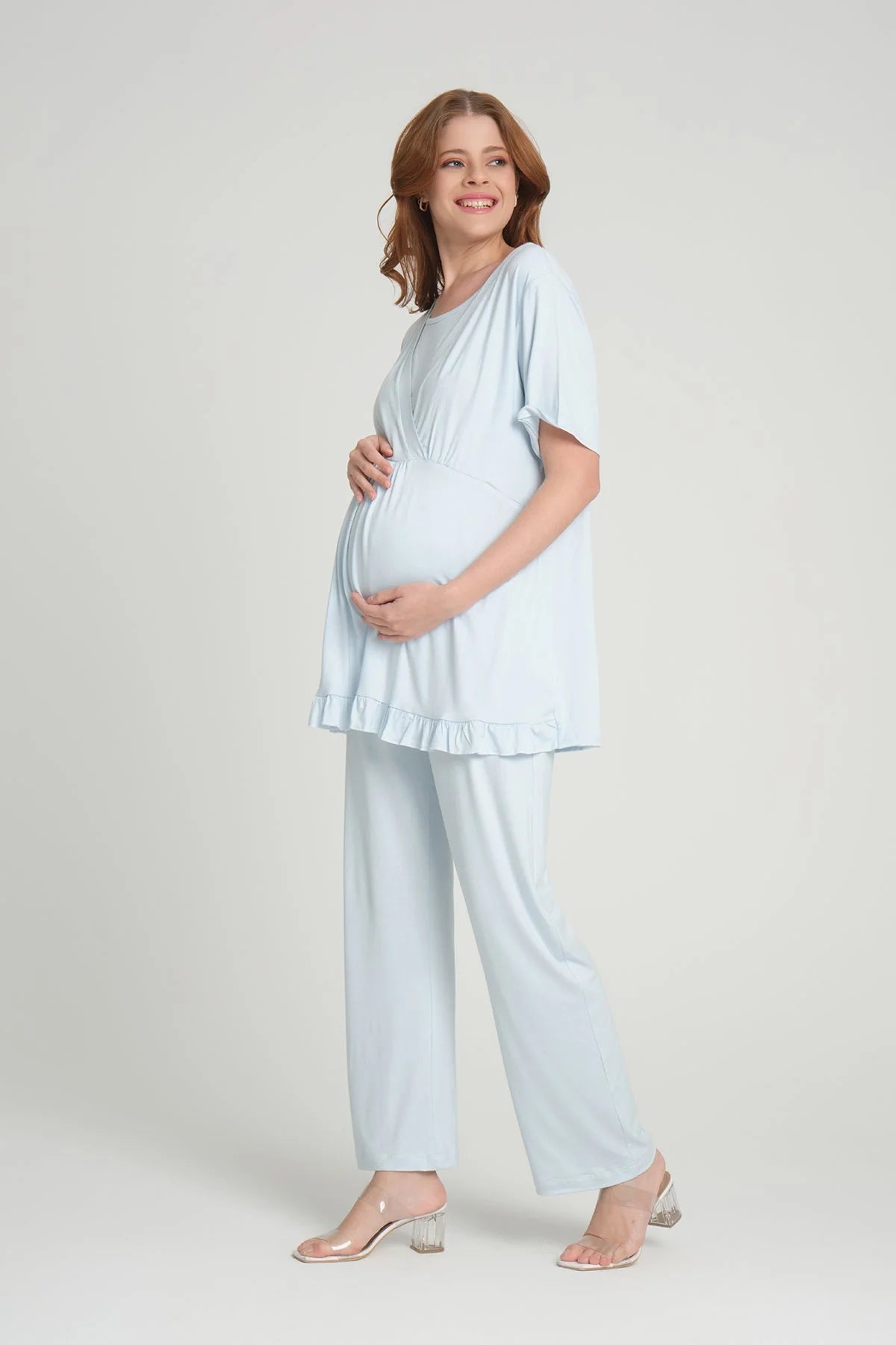 Mavi Volan Kol Sabahlıklı Kruvaze Lohusa Pijama Takımı - 2364