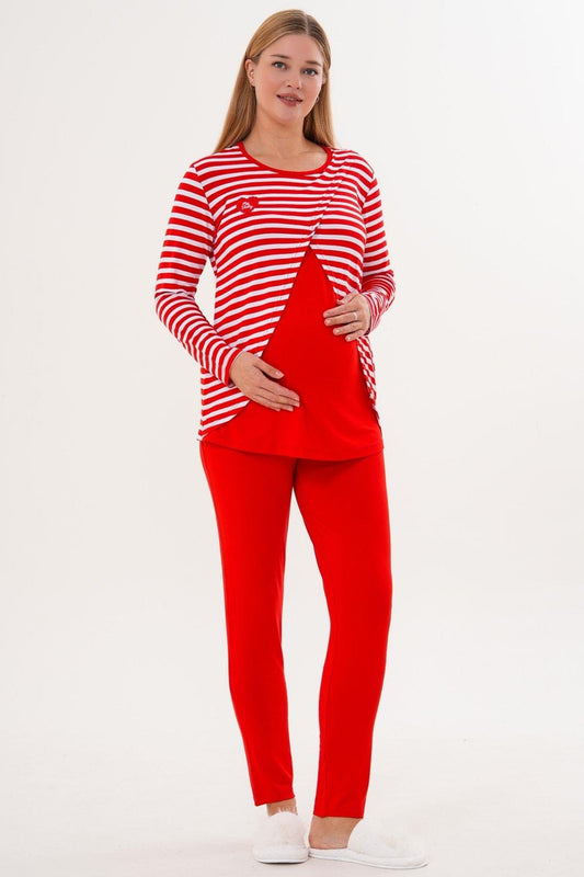 Likralı Spor Hamile Lohusa Pijama Takımı Kırmızı- 6303