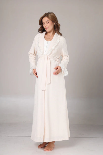 Yakası Fırfırlı Kışlık Sabahlıklı Lohusa Hamile Gecelik Takımı Krem- 1023