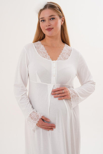 Önden Düğmeli Midi Boy Lohusa Hamile Gecelik Ekru- 6305