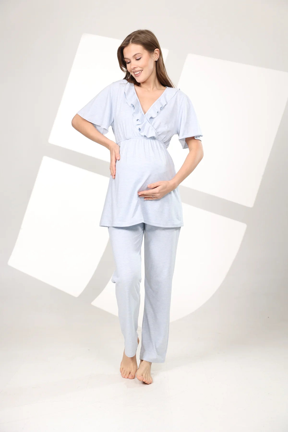 Yumuşak Dokulu Sabahlıklı Kruvaze Lohusa Hamile Pijama Takımı Mavi- 585