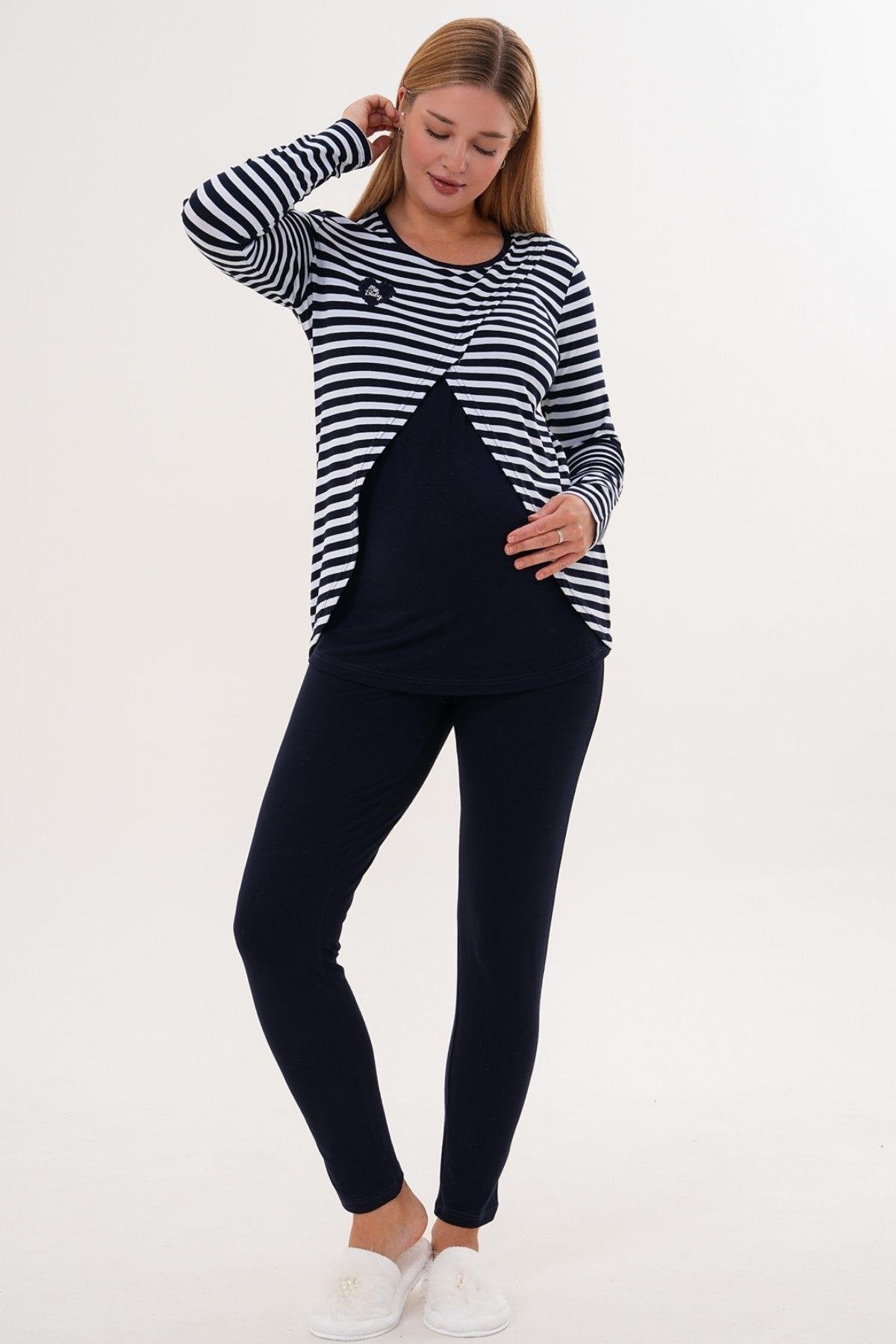 Likralı Spor Hamile Lohusa Pijama Takımı Lacivert  - 6303