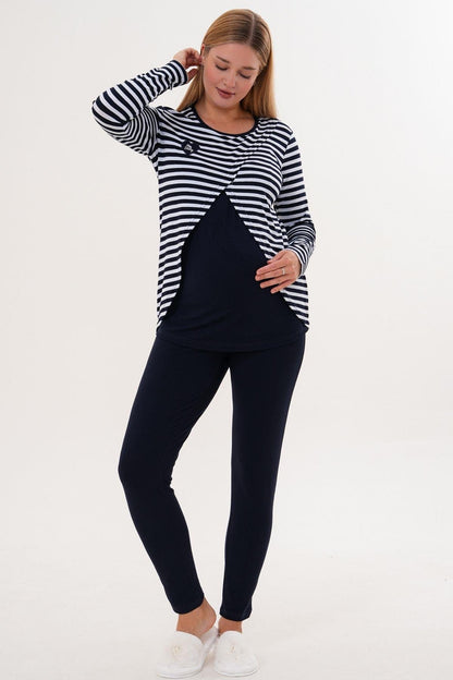 Likralı Spor Hamile Lohusa Pijama Takımı Lacivert  - 6303