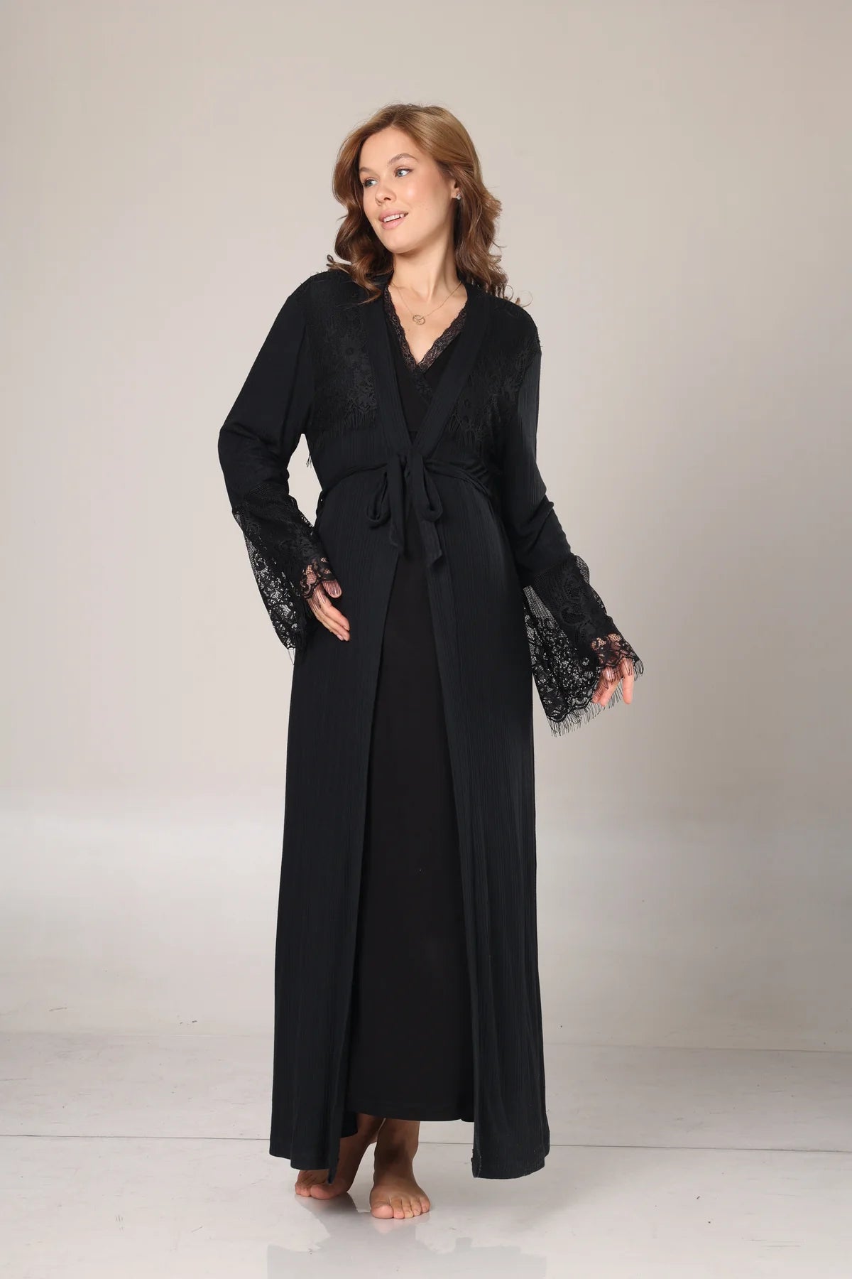 Kışlık Siyah Fitilli Dantel Detaylı Sabahlıklı Lohusa Gecelik Takımı -1006