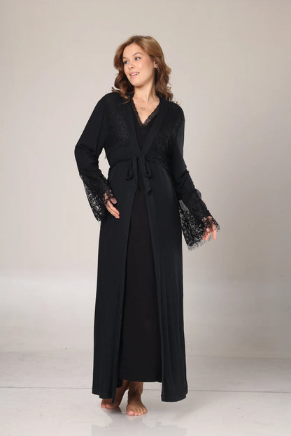 Kışlık Siyah Fitilli Dantel Detaylı Sabahlıklı Lohusa Gecelik Takımı -1006