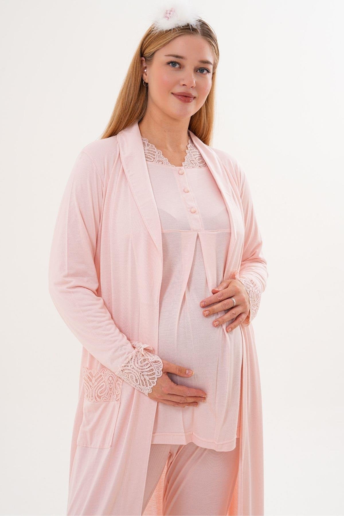 3’Lü Pijama Takımı - Sabahlıklı Dantel Detay Lohusa Hamile Takım Pudra - 6330