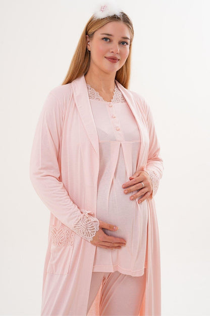 3’Lü Pijama Takımı - Sabahlıklı Dantel Detay Lohusa Hamile Takım Pudra - 6330