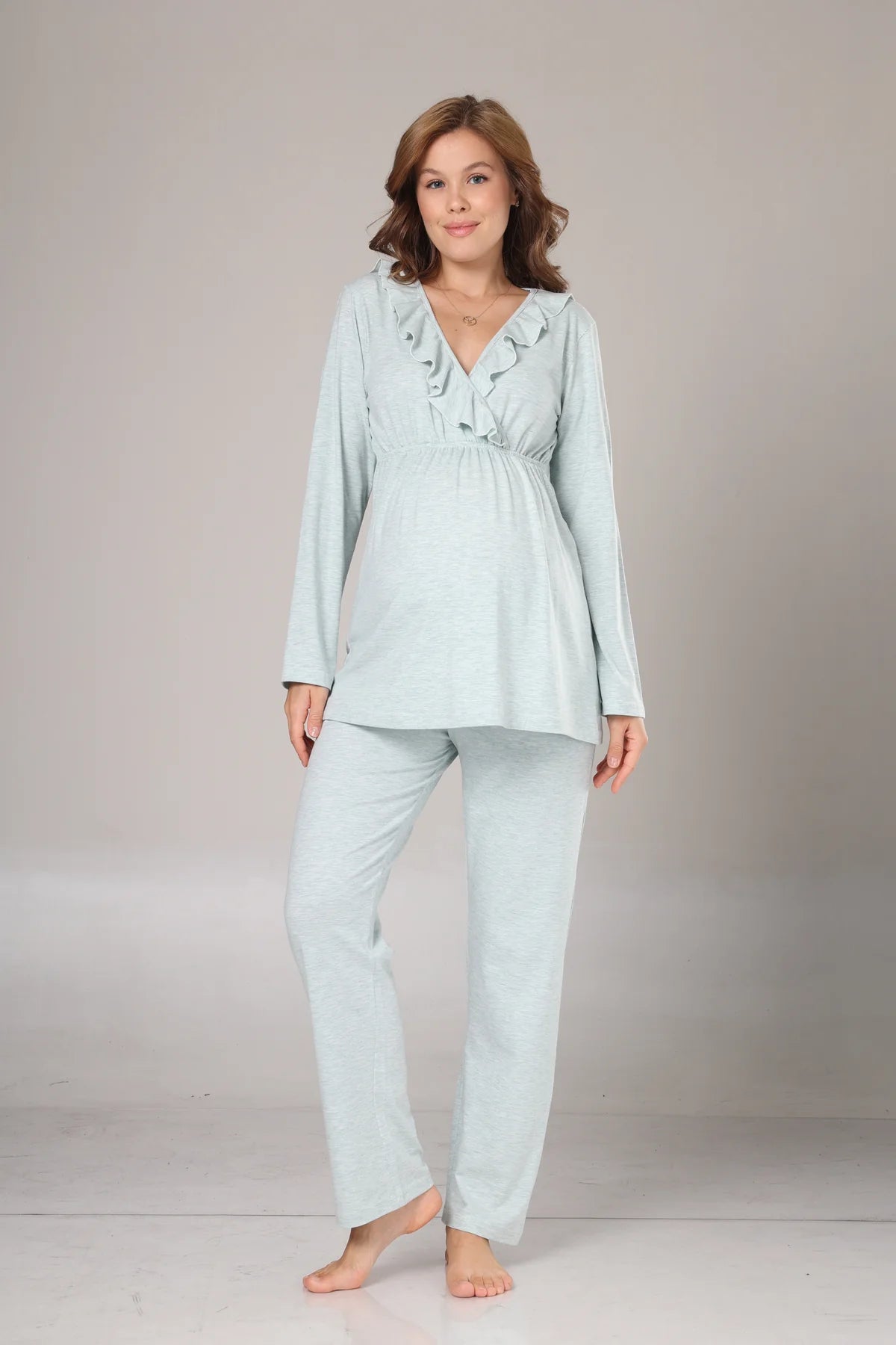 Uzun Kollu Yumuşak Dokulu Sabahlıklı Kruvaze Lohusa Pijama Takımı Mint -  1014