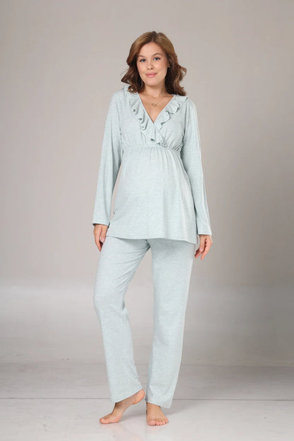 Uzun Kollu Yumuşak Dokulu Sabahlıklı Kruvaze Lohusa Pijama Takımı Mint -  1014
