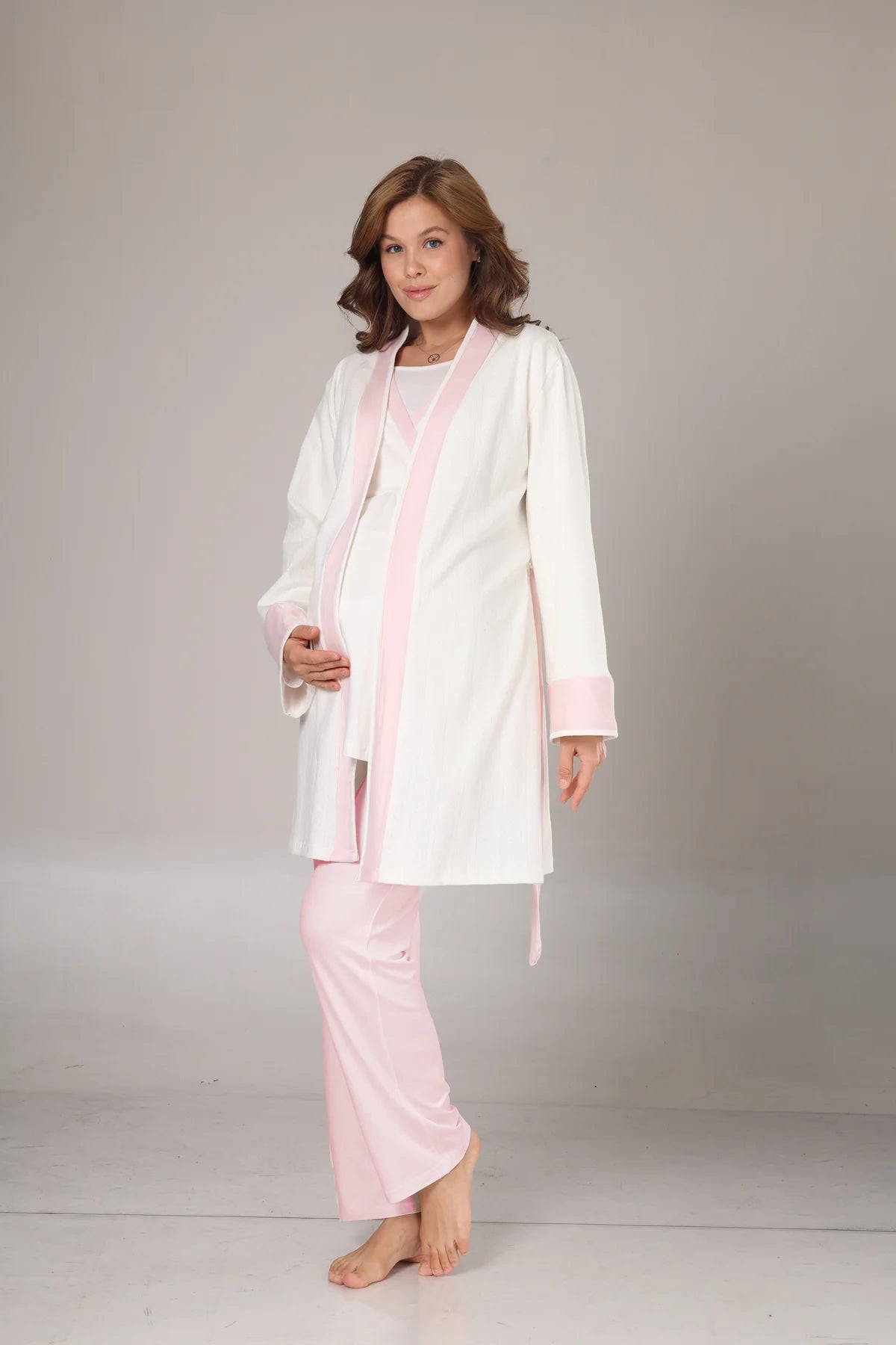 Kışlık Pamuk Sabahlıklı Pembe Şeritli Lohusa Pijama Takımı-1032