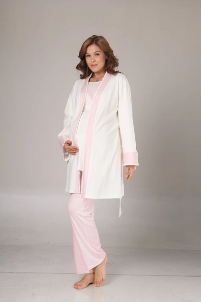 Kışlık Pamuk Sabahlıklı Pembe Şeritli Lohusa Pijama Takımı-1032