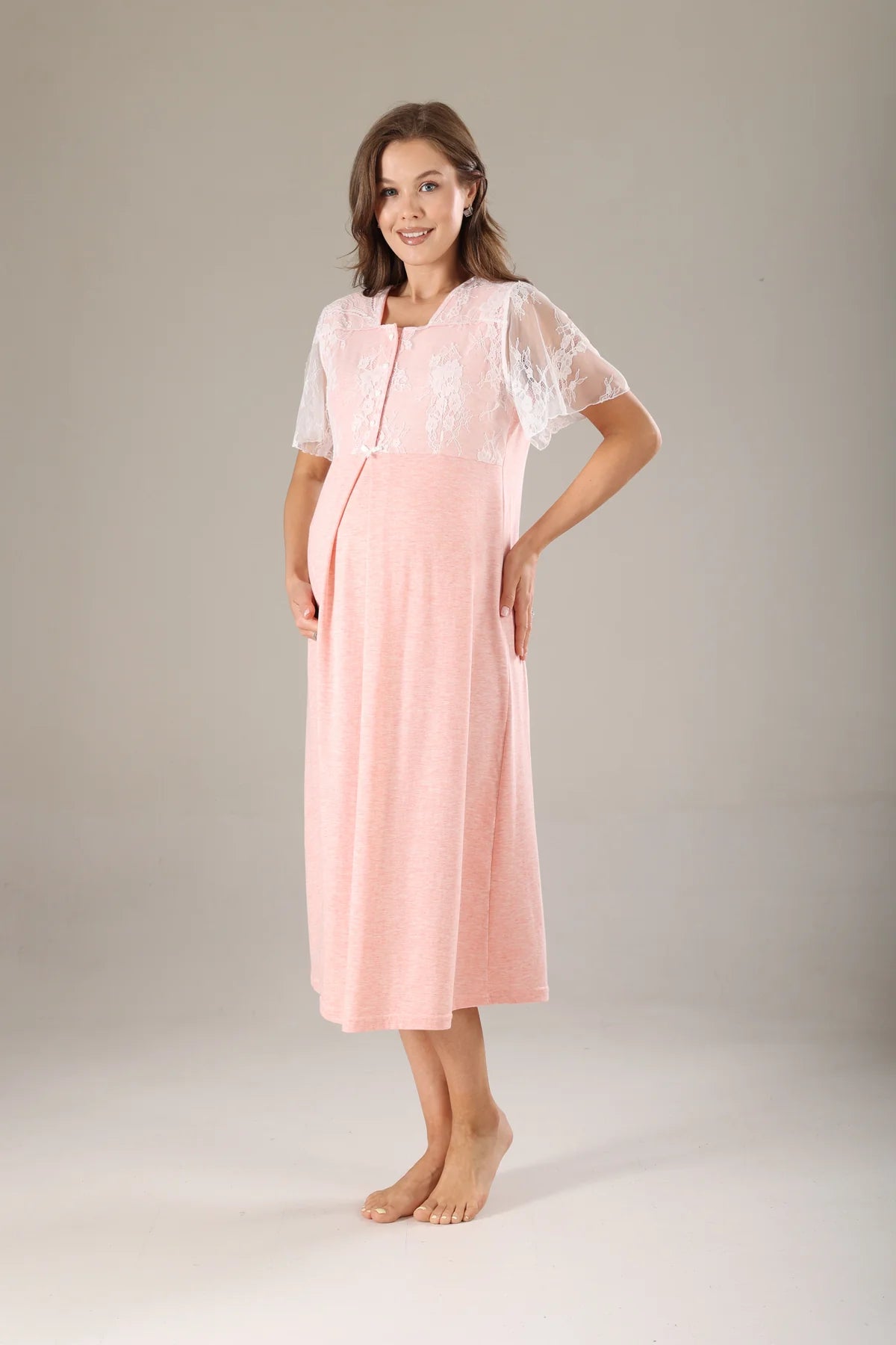 Pembe Melanj Dantel Tasarımlı Sabahlıklı Lohusa Gecelik Takımı - 803