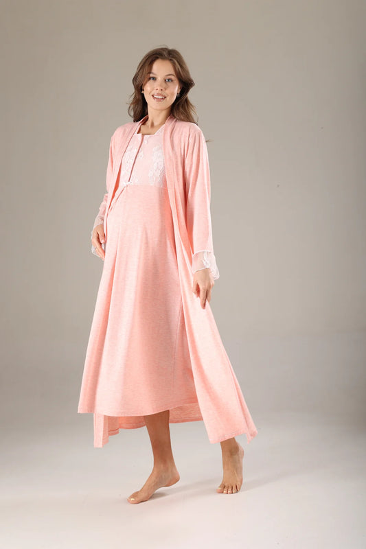 Pembe Melanj Dantel Tasarımlı Sabahlıklı Lohusa Gecelik Takımı - 803