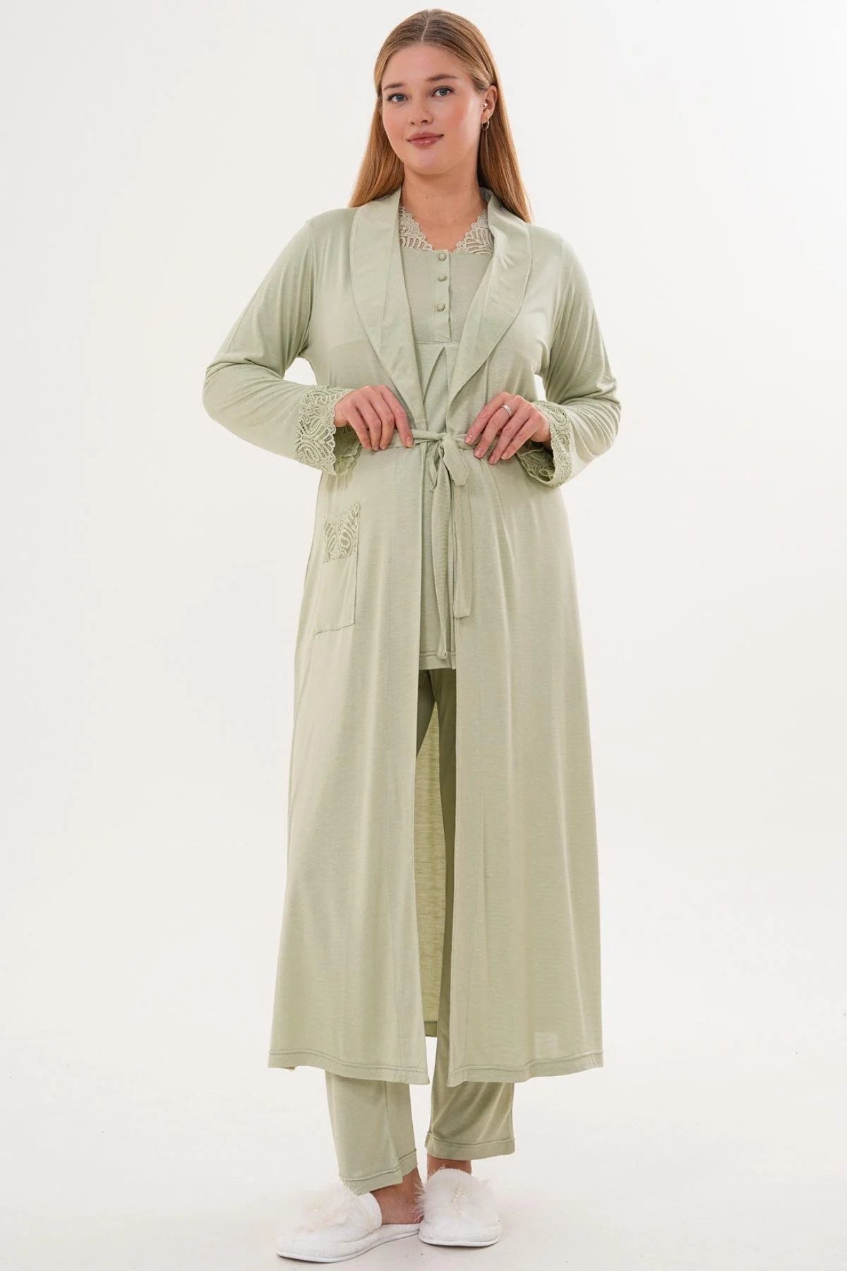 3’Lü Pijama Takımı - Sabahlıklı Dantel Detay Lohusa Hamile Takım Yeşil- 6330