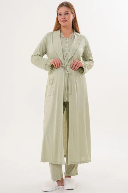 3’Lü Pijama Takımı - Sabahlıklı Dantel Detay Lohusa Hamile Takım Yeşil- 6330