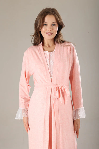 Pembe Melanj Dantel Tasarımlı Sabahlıklı Lohusa Gecelik Takımı - 803