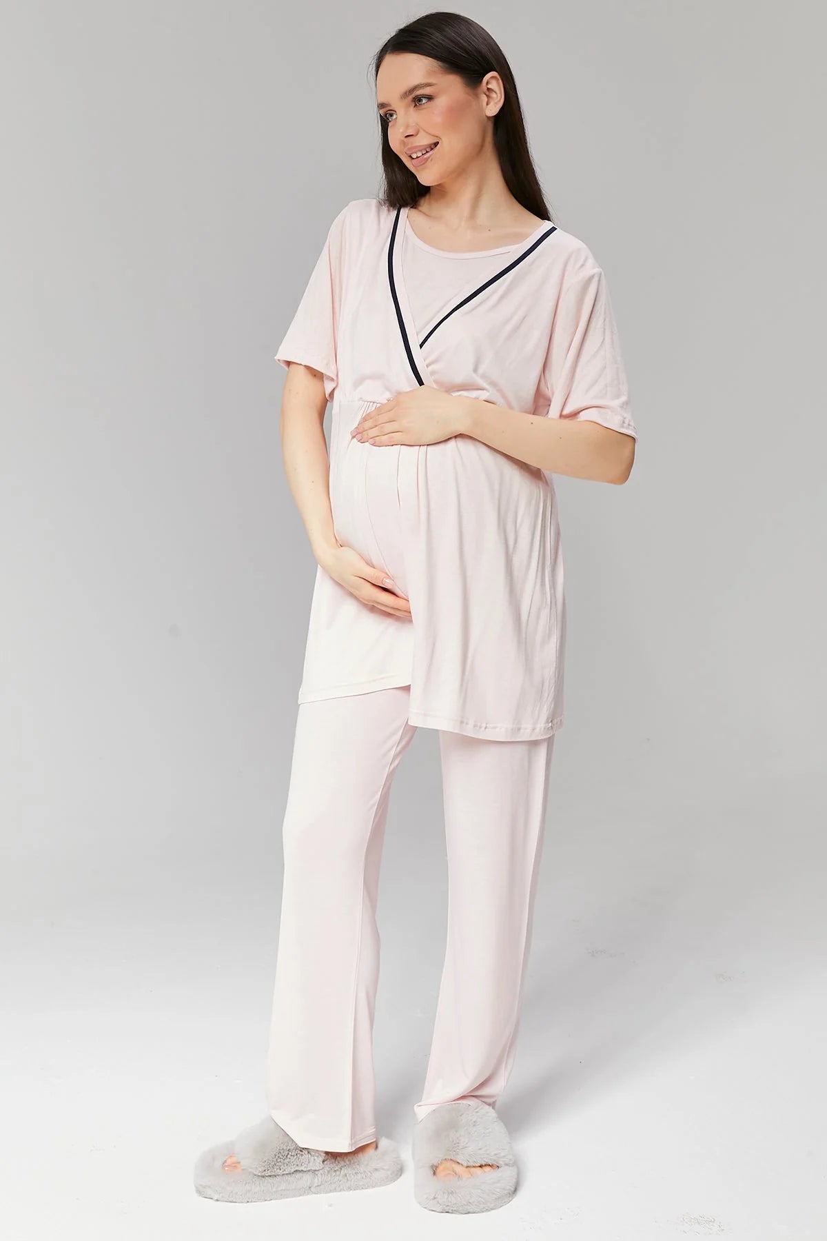 Biyeli Sabahlıklı Kruvaze Lohusa Pijama Takımı Pembe  - 517