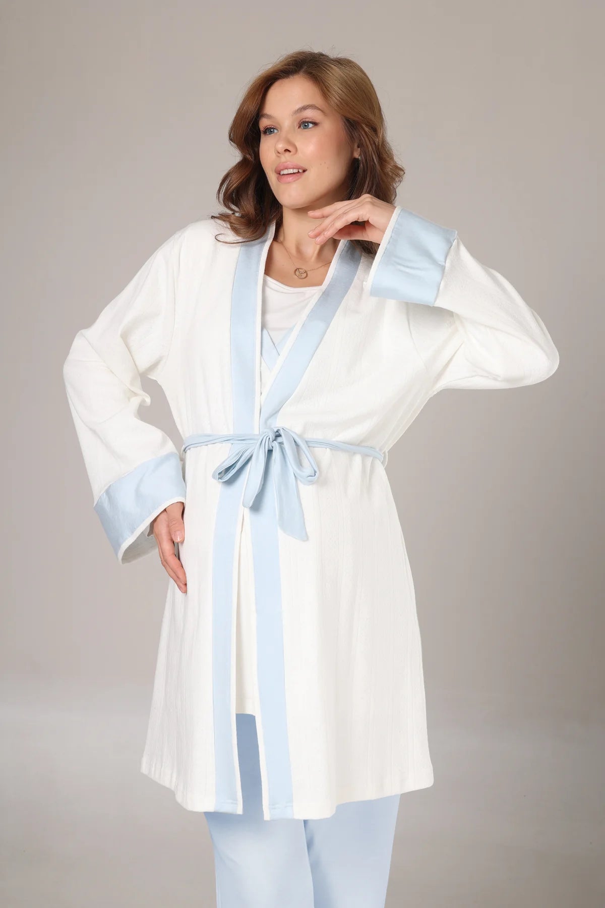 Kışlık Pamuk Sabahlıklı Mavi Şeritli Lohusa  Hamile Pijama Takımı-1033