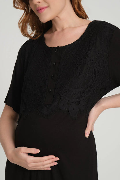 Dantel Kollu Sabahlıklı Lohusa Pijama Takımı Siyah - 1218