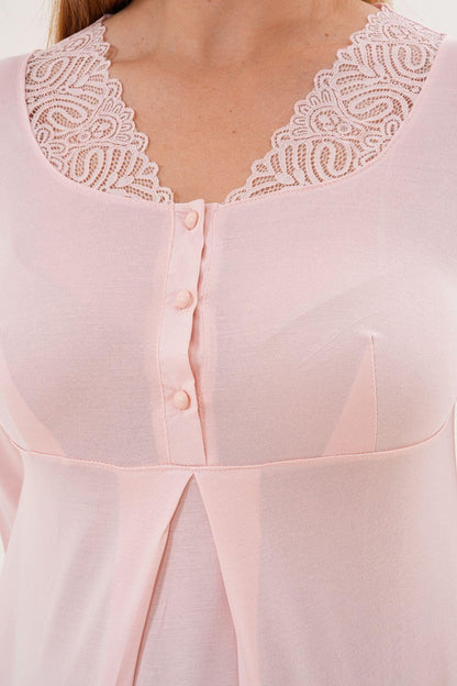 2’Li Sabahlık Gecelik Takımı - Dantel Detay Lohusa Hamile Takım Pembe - 6331
