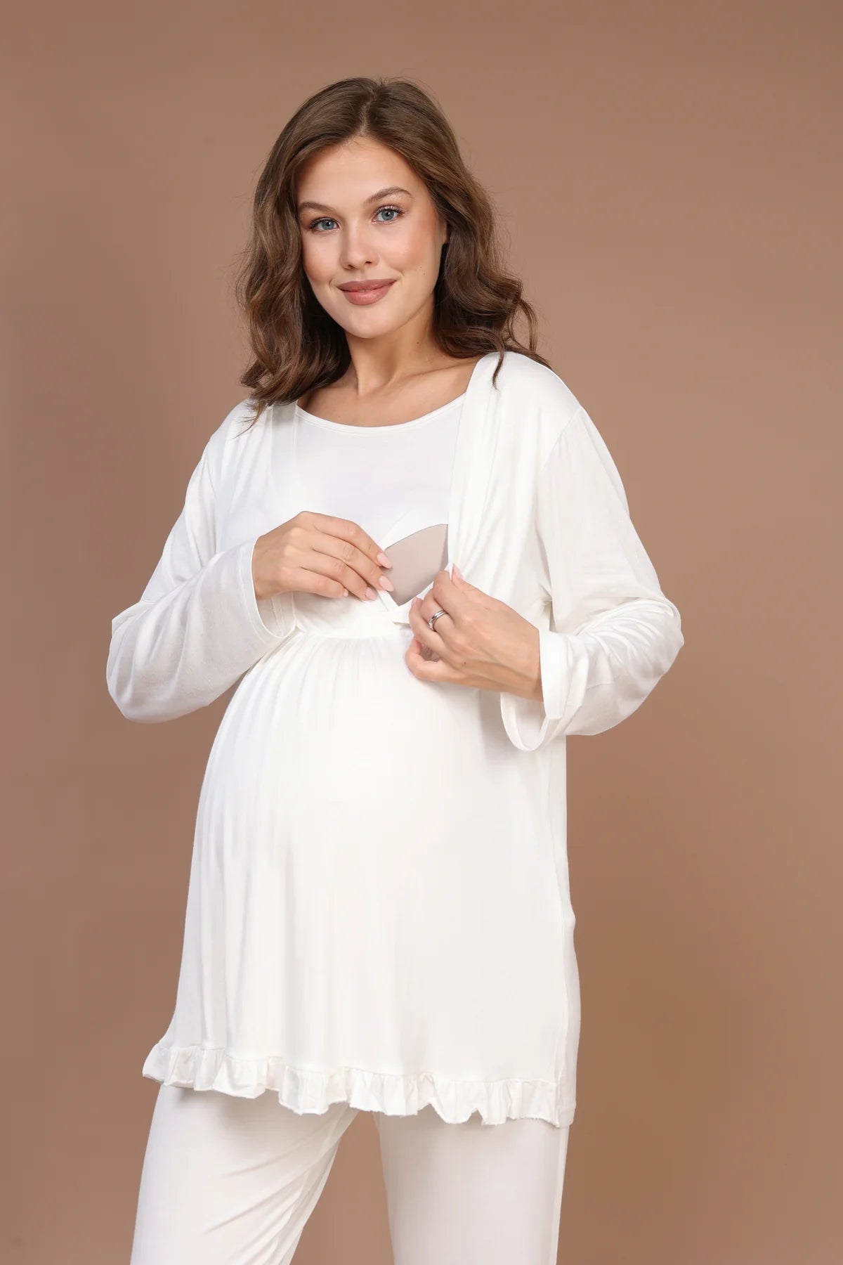 Kruvaze Uzun Kollu Lohusa Hamile 3'Lü Pijama Takımı Ekru - 624