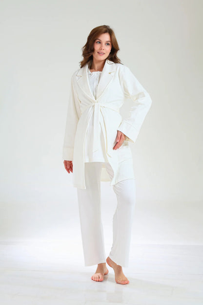 Jakarlı Kışlık Pamuklu Sabahlıklı 3'Lü Lohusa Hamile Pijama Takımı Ekru-1035