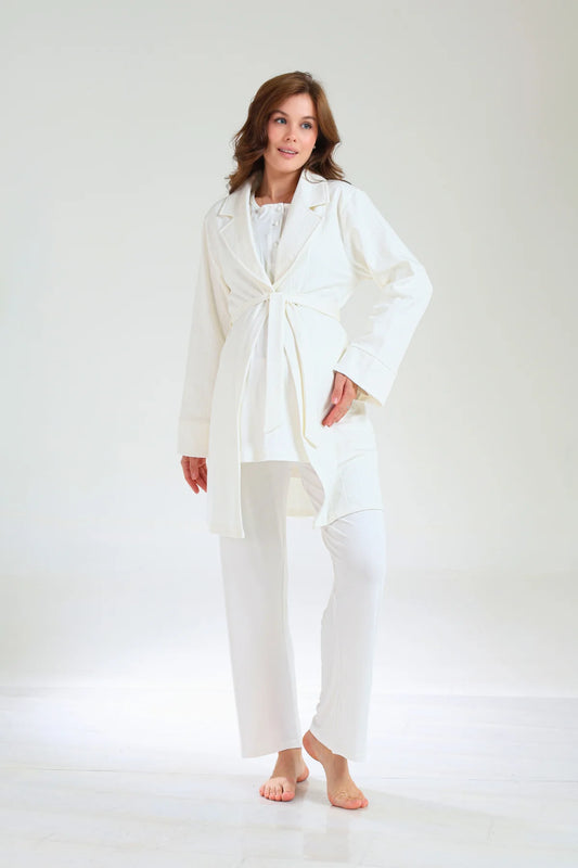 Jakarlı Kışlık Pamuklu Sabahlıklı 3'Lü Lohusa Hamile Pijama Takımı Ekru-1035