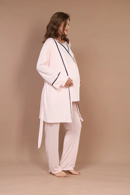 Biyeli Uzun Kollu Sabahlıklı Gizli Emzirme Özellikli Lohusa Hamile Pijama Takımı Pembe - 546