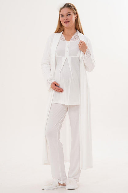 3’Lü Pijama Takımı - Sabahlıklı Dantel Detay Lohusa Hamile Takım Ekru- 6330