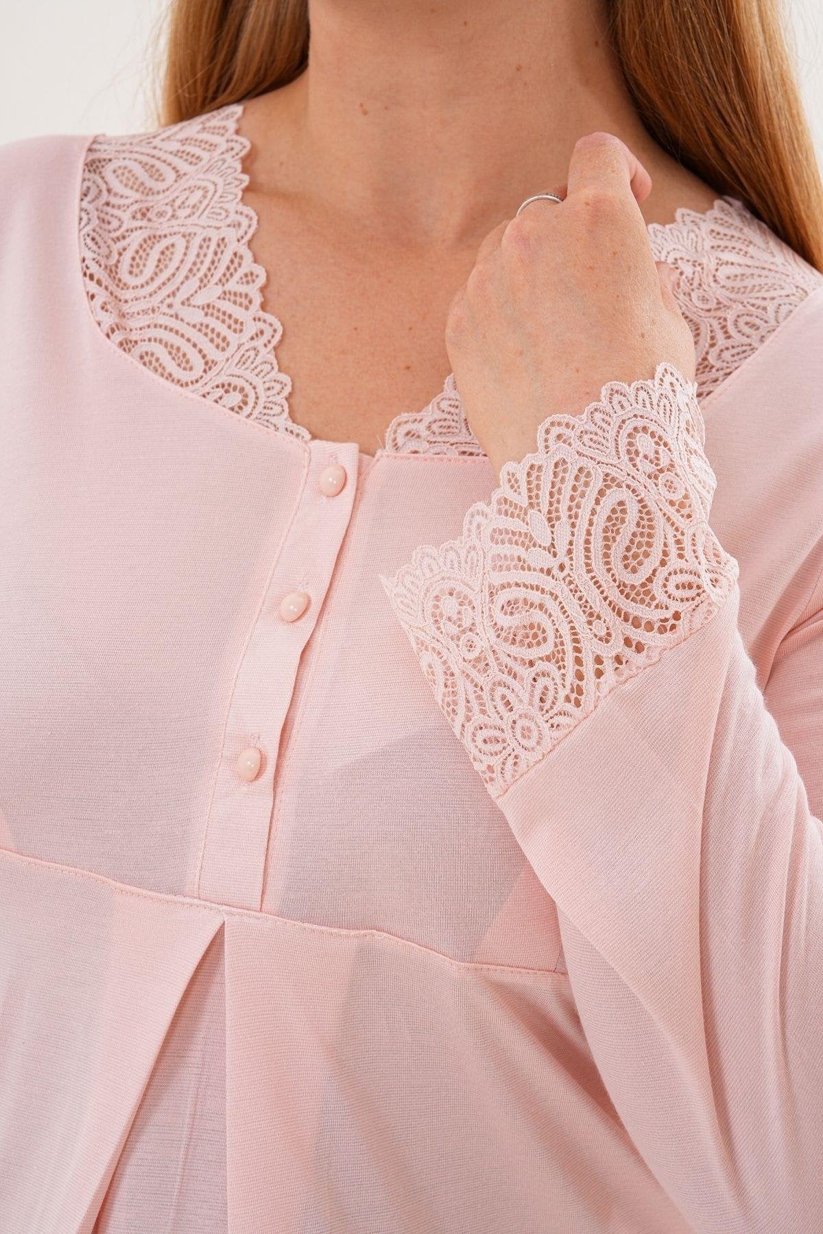 Önden Düğmeli Hamile Lohusa Pijama Takımı Pudra - 5808