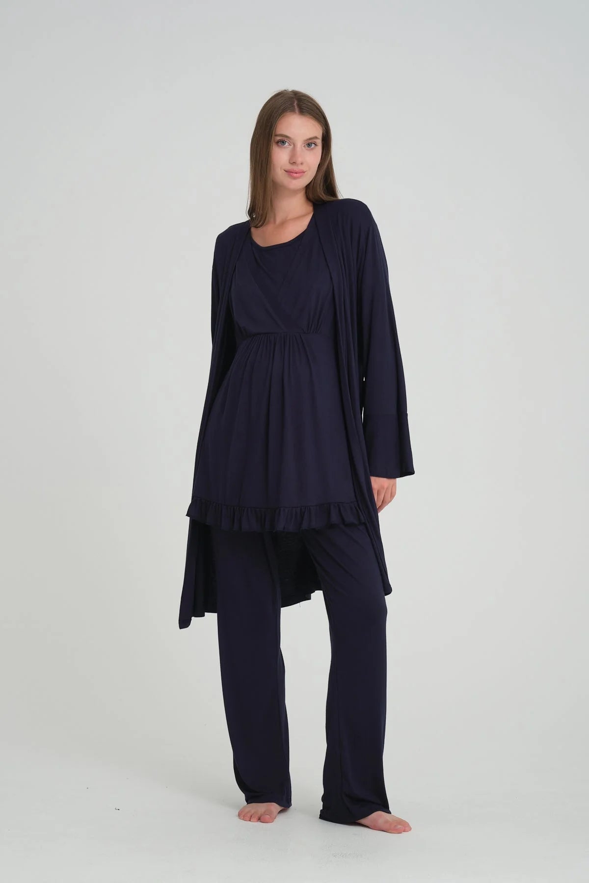 Sabahlıklı V Yaka Emzirme Özellikli Lohusa Pijama Takımı  Lacivert - 532