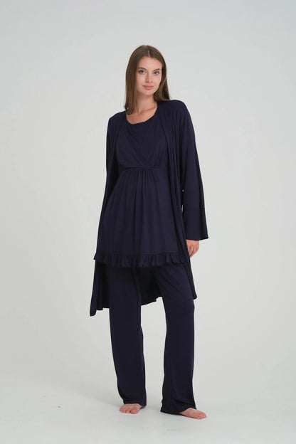 Sabahlıklı V Yaka Emzirme Özellikli Lohusa Pijama Takımı  Lacivert - 532