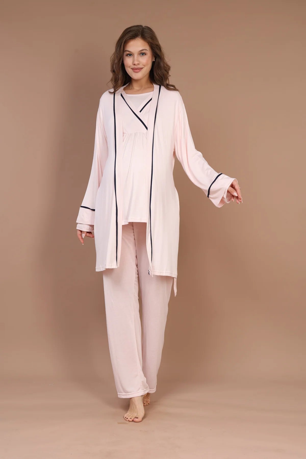 Biyeli Uzun Kollu Sabahlıklı Gizli Emzirme Özellikli Lohusa Hamile Pijama Takımı Pembe - 546