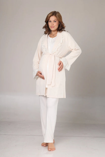 Yakası Fırfırlı Kışlık Sabahlıklı Lohusa Hamile  3'Lü Pijama Takımı Krem-1010