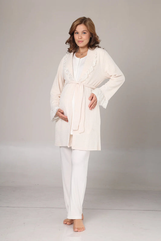 Yakası Fırfırlı Kışlık Sabahlıklı Lohusa Hamile  3'Lü Pijama Takımı Krem-1010