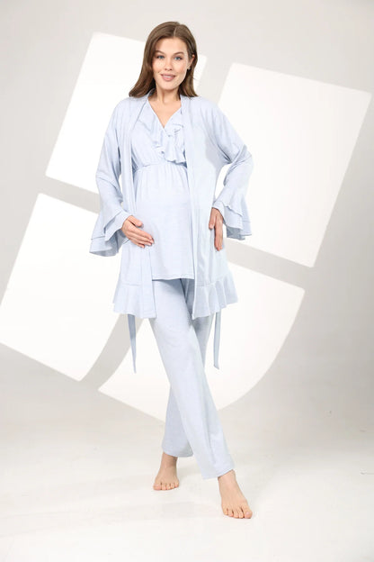 Yumuşak Dokulu Sabahlıklı Kruvaze Lohusa Hamile Pijama Takımı Mavi- 585