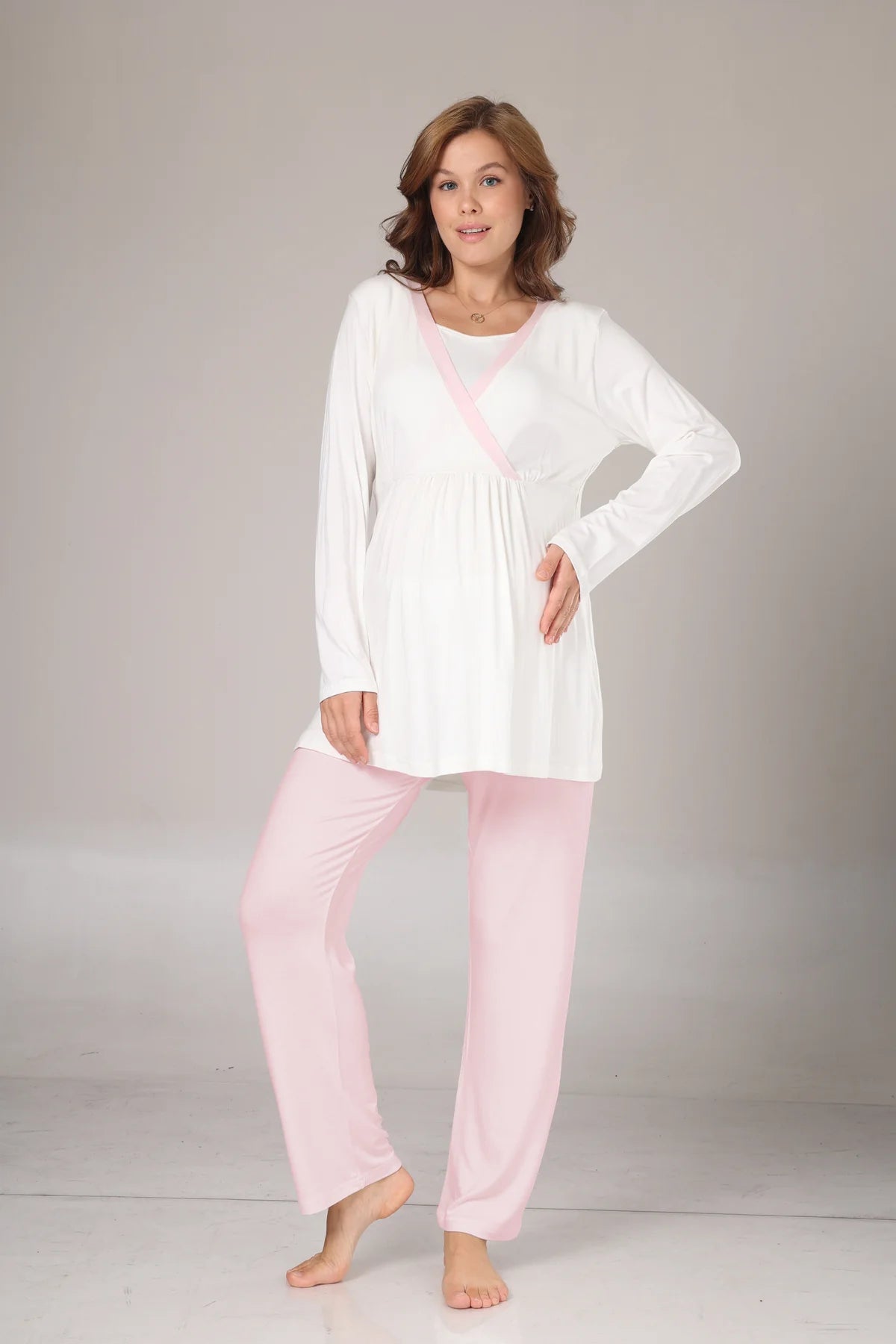 Kışlık Pamuk Sabahlıklı Pembe Şeritli Lohusa Pijama Takımı-1032