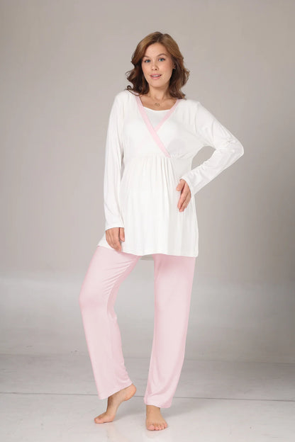 Kışlık Pamuk Sabahlıklı Pembe Şeritli Lohusa Pijama Takımı-1032