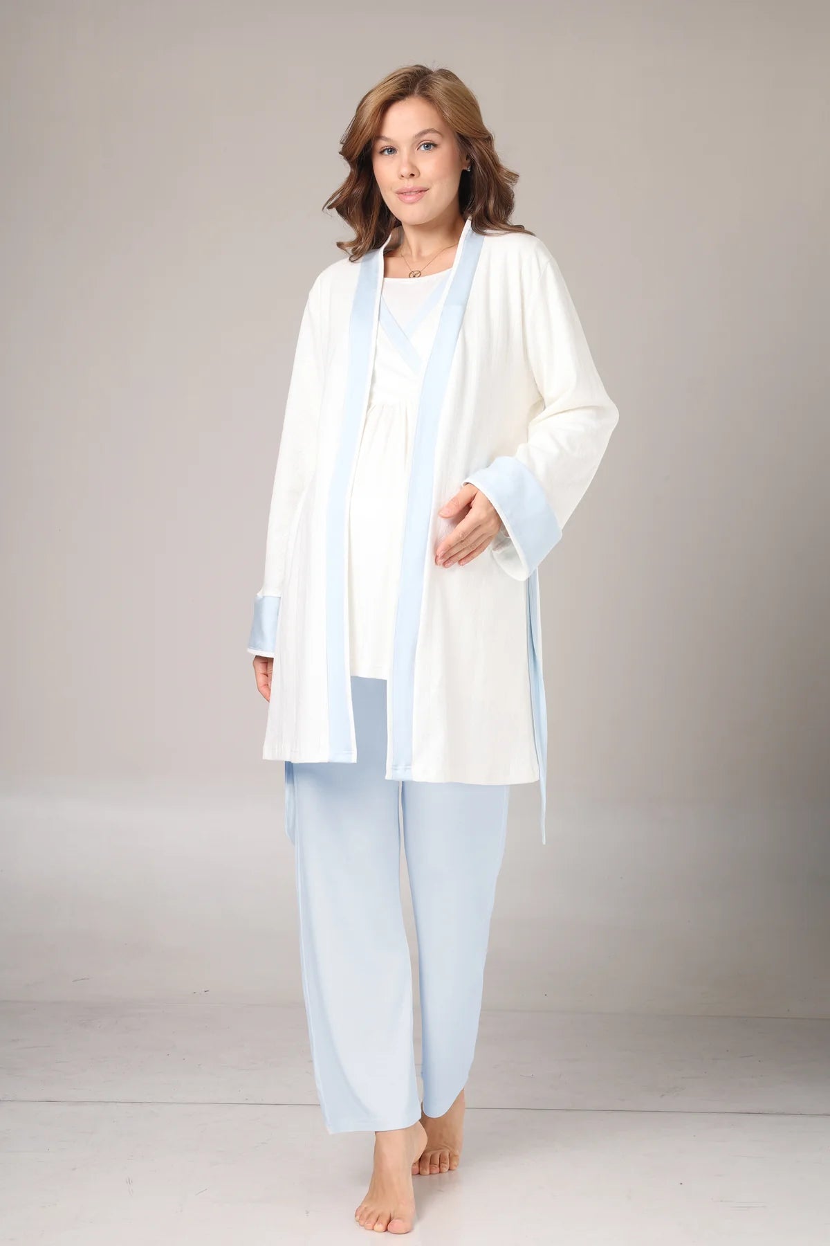 Kışlık Pamuk Sabahlıklı Mavi Şeritli Lohusa  Hamile Pijama Takımı-1033