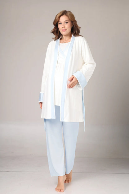 Kışlık Pamuk Sabahlıklı Mavi Şeritli Lohusa  Hamile Pijama Takımı-1033