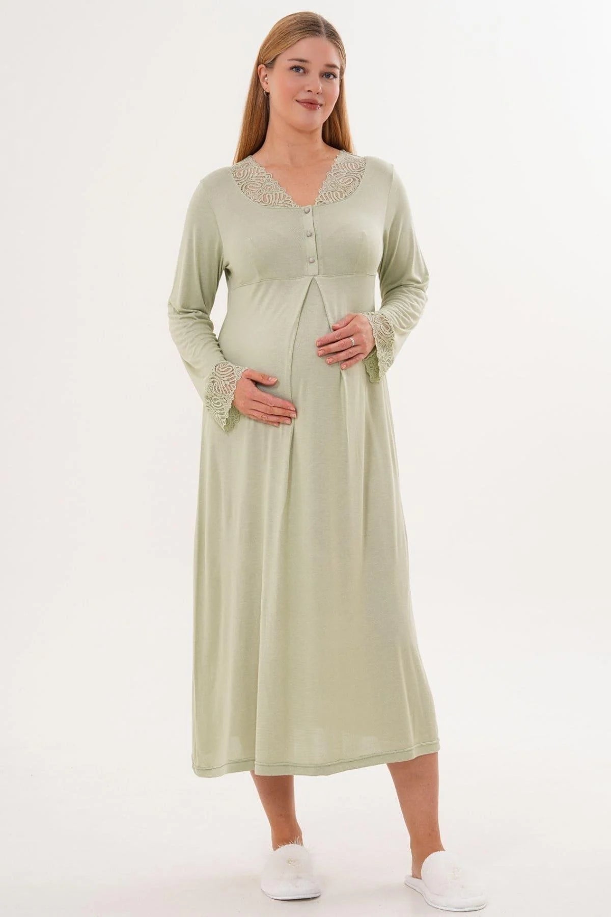 2’Li Sabahlık Gecelik Takımı - Dantel Detay Lohusa Hamile Takım Yeşil- 6331