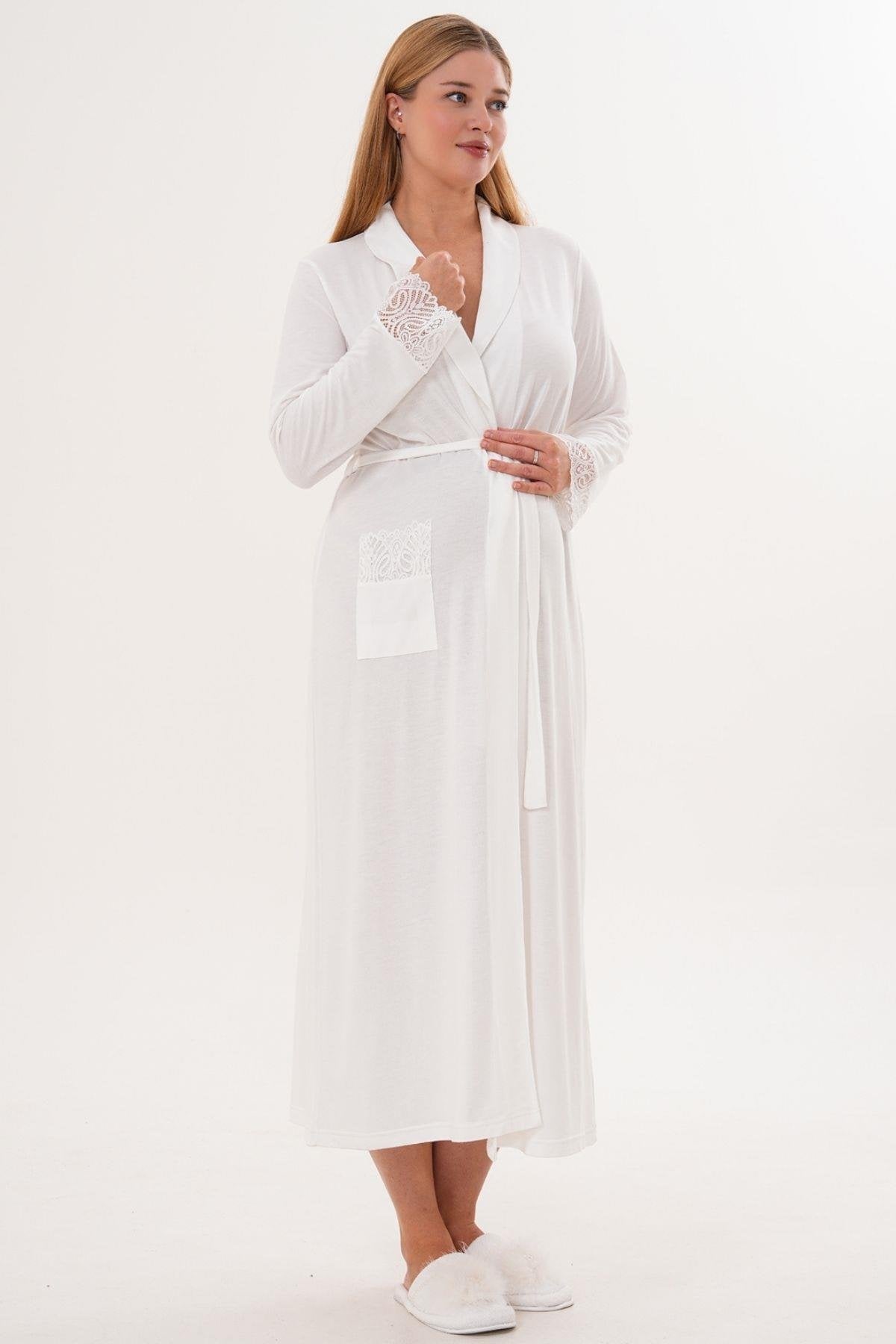 Sabahlık Gecelik Pijama Hamile Lohusa 4'Lü Set Ekru  - 6332