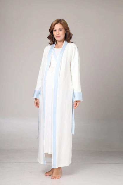 Kışlık Kendinden Desenli Mavi Şerit Detaylı Sabahlıklı Lohusa Hamile Gecelik Takımı Mavi -1017