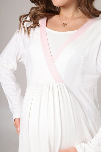 Kışlık Kendinden Desenli Pembe Şerit Detaylı Sabahlıklı Lohusa Hamile Gecelik Takımı Pembe-1016