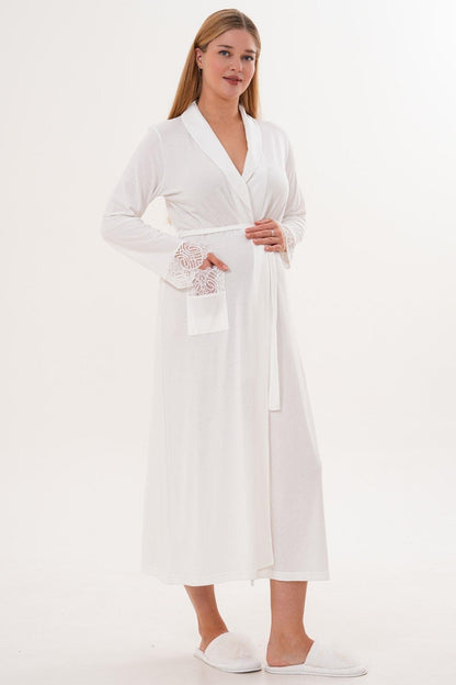 2’Li Sabahlık Gecelik Takımı - Dantel Detay Lohusa Hamile Takım Ekru- 6331