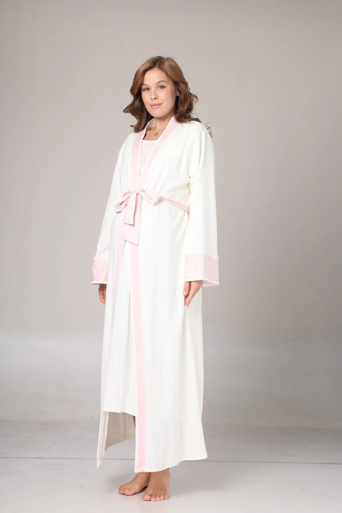 Kışlık Kendinden Desenli Pembe Şerit Detaylı Sabahlıklı Lohusa Hamile Gecelik Takımı Pembe-1016