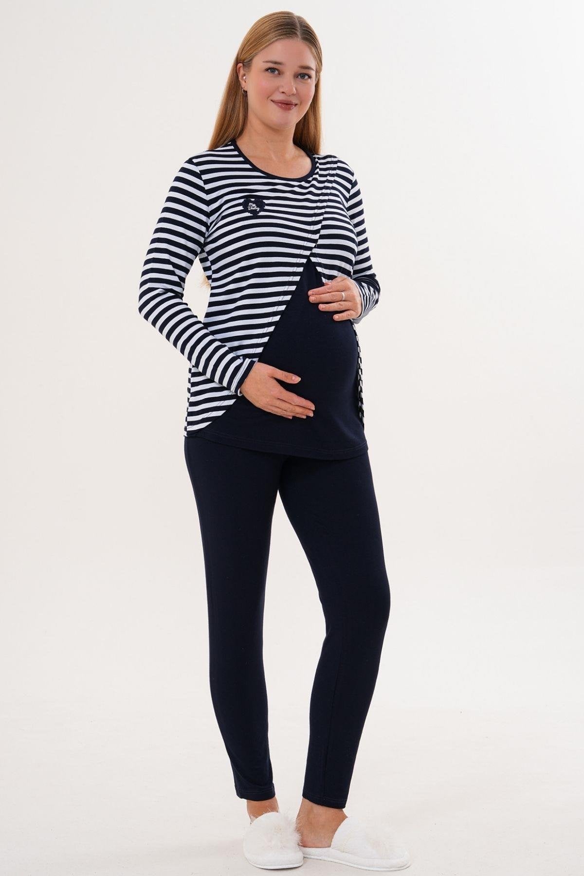 Likralı Spor Hamile Lohusa Pijama Takımı Lacivert  - 6303