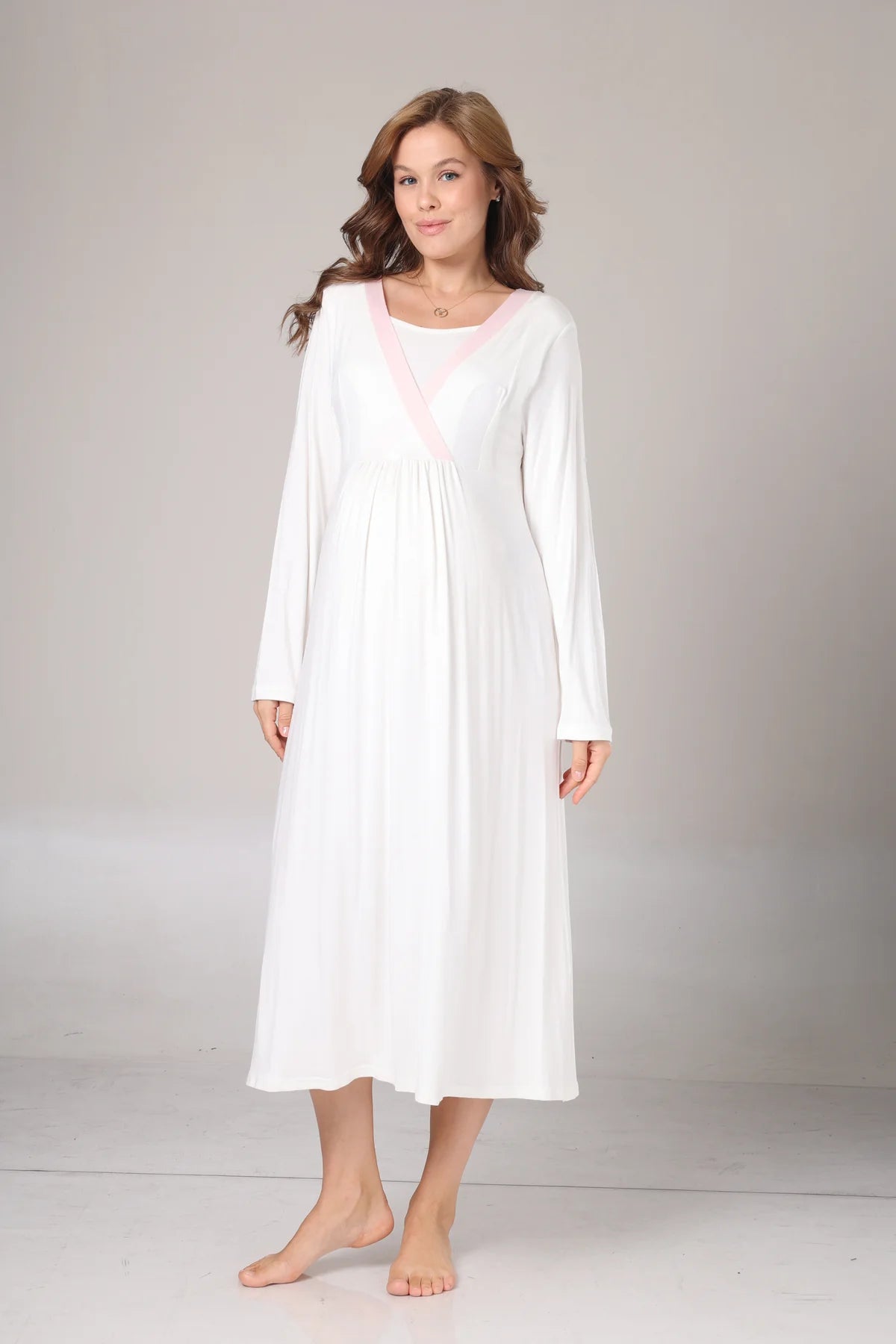 Kışlık Kendinden Desenli Pembe Şerit Detaylı Sabahlıklı Lohusa Hamile Gecelik Takımı Pembe-1016