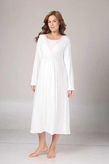 Kışlık Kendinden Desenli Pembe Şerit Detaylı Sabahlıklı Lohusa Hamile Gecelik Takımı Pembe-1016