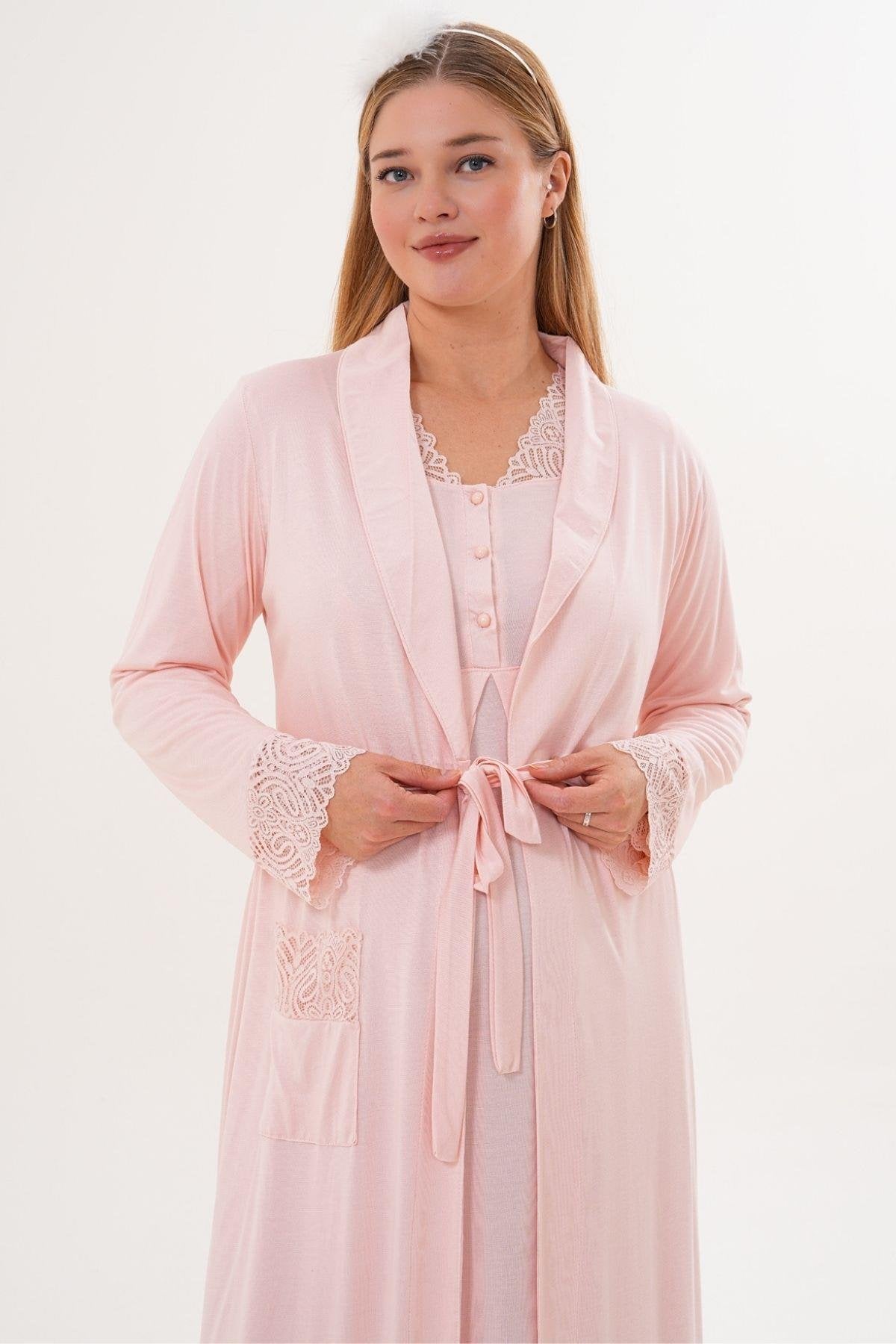 2’Li Sabahlık Gecelik Takımı - Dantel Detay Lohusa Hamile Takım Pembe - 6331